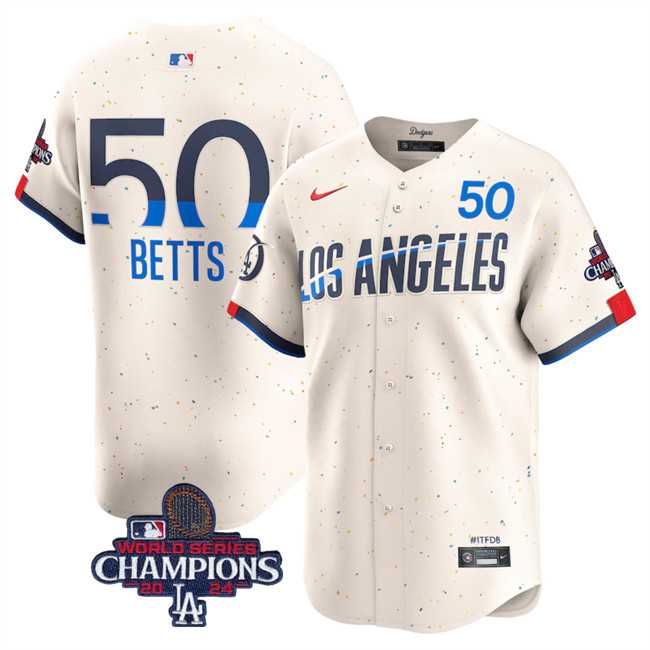 Mens Los Angeles Dodgers #50 Mookie Betts Cream 2024 World Series Champions City Connect Limited Stitched Baseball Jersey